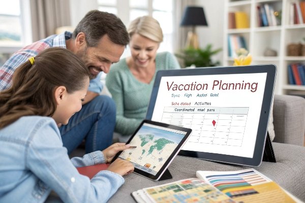 family travel planning with digital calendar